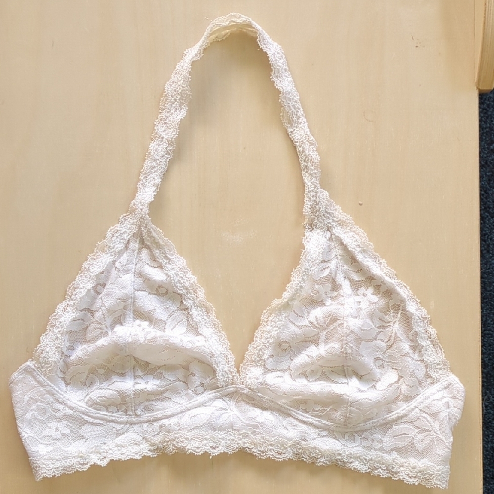 Anemone White Lace Halter Bralette- White, Size M/L Adjustable Back